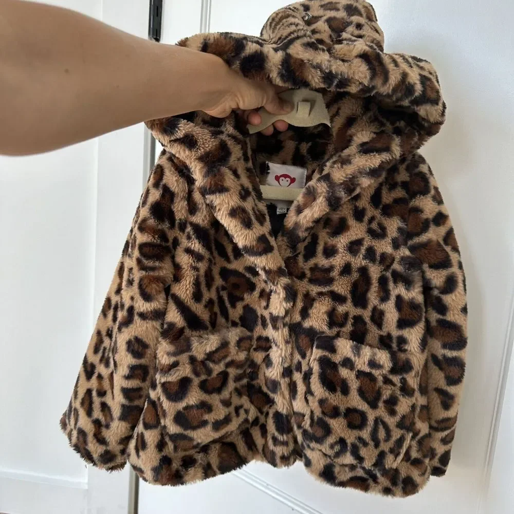 Appaman Girls Cleo Tan  Black Leopard Faux Fur Hooded Teddy Coat‎ Jacket Size 4 - Picture 7 of 14